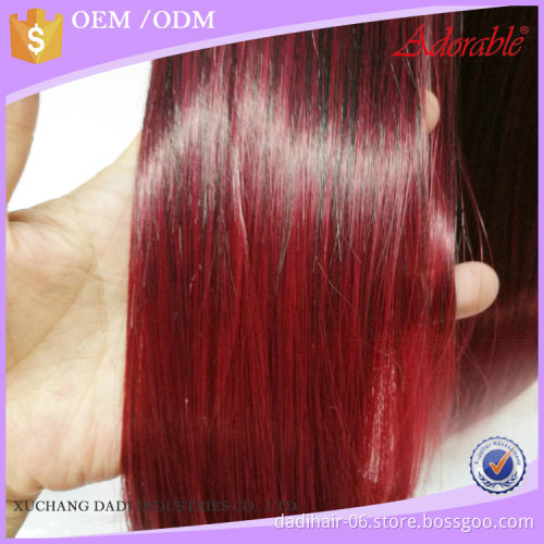wholesale silk straight ombre two tone color hair weaving,double sewing heat resistant fiber red synthetic hair bundles T1bbug